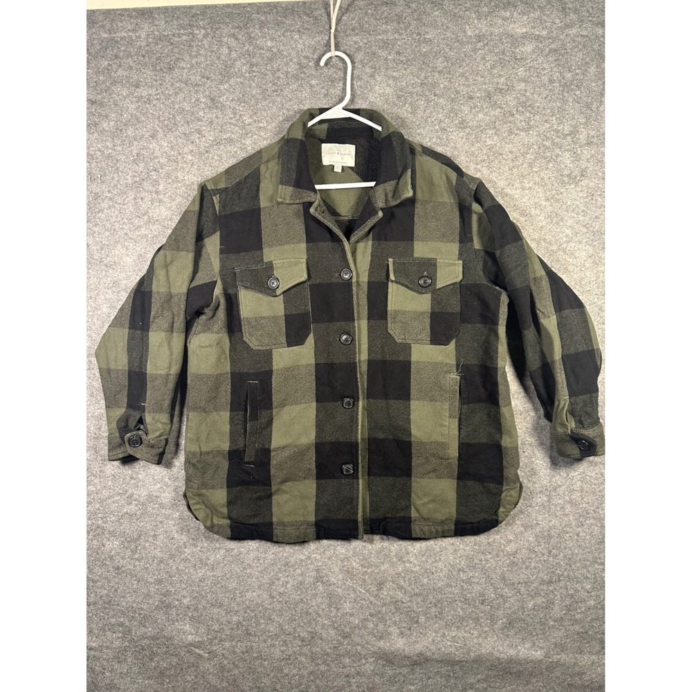 Lucky Brand Mens L/G‎ Black Green Plaid Button Down Shirt Jacket, Long Sleeve